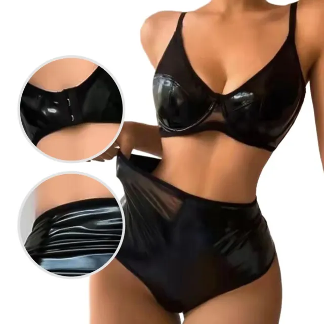 Set lingerie sexy donna in pelle verniciata reggiseno nero perize mutandine muta