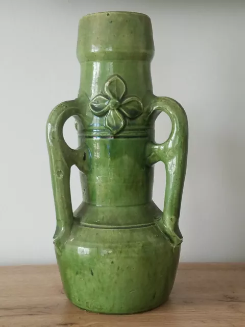 c.19th - Antique Tall Green Glazed Persian Pottery Vase