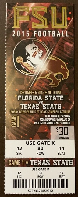 Florida State Seminoles 9/5/2015 NCAA football ticket stub vs Texas State
