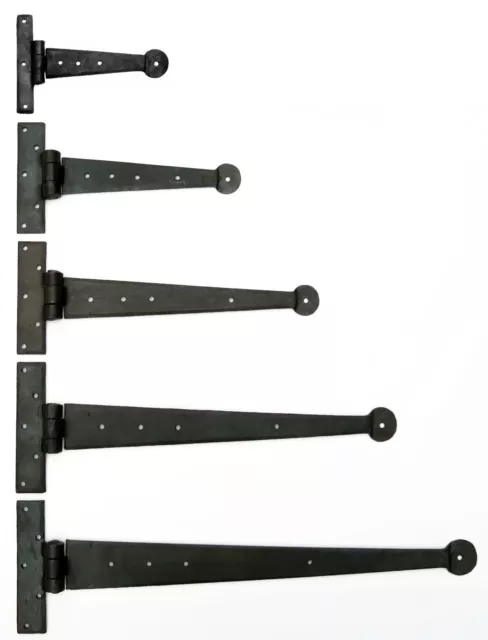 Pair Strong Black Wrought Iron T Hinges - Hand Forged Beeswax Cottage Door Hinge