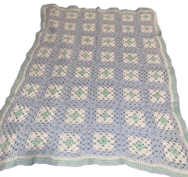 Blue &White Vintage crocheted baby blanket Approx. 35”x  43”Preowned