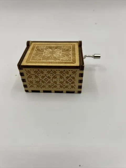 Small Carved Beauty and the Beast Wood Music Box  Hand Crank Plays Theme Song