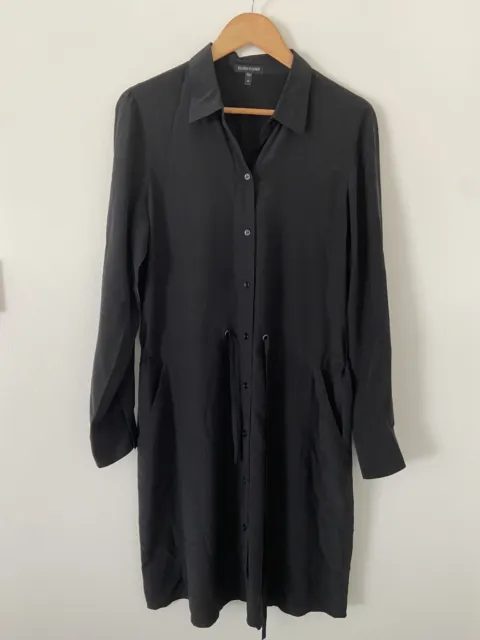 Eileen Fisher Crepe Silk Button Down Dress With Drawstring, Black Size M
