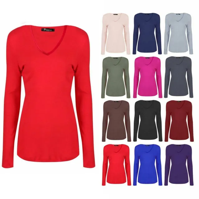 Ladies Womens V Neck Long Sleeve Plain Slim Fit Basic Top Stretchy T-Shirt 8-26