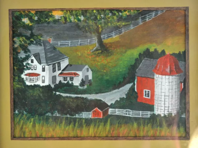 Vtg Oil Painting - Old White Farmhouse Silo Barn  - Folk Art - Rustic Wood Frame