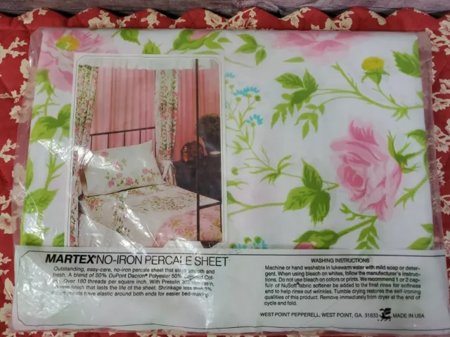 Atelier Martex Twin Flat No Iron Percale Sheet Floral Roses Lace Trim  USA Made