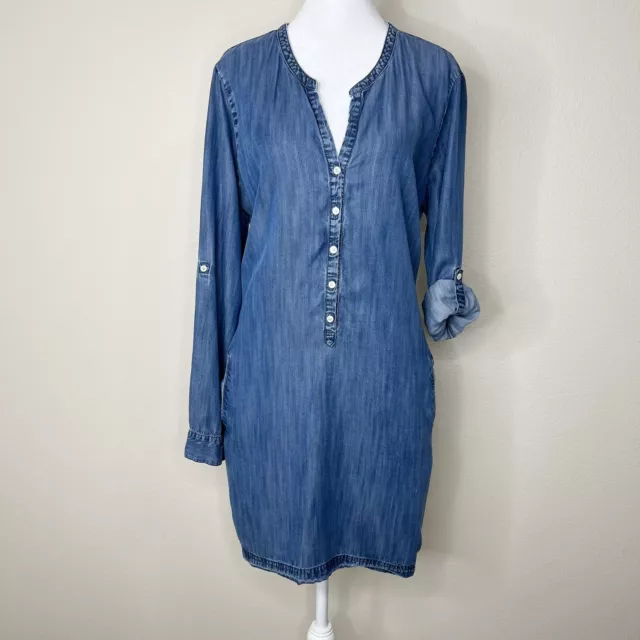 Soft Joie Eugine Blue Chambray Soft Denim Long Roll Tab Sleeve Shirt Dress Sz L