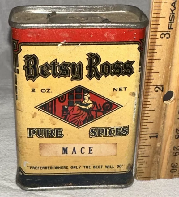 Antique Betsy Ross Mace Spice Tin Litho Can Akron Oh Patriotic American Flag