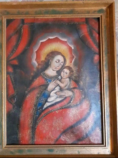 Reproduction Peinture Ancienne Huile - Icône Religieuse Vierge à L'enfant - Tableau Décoratif