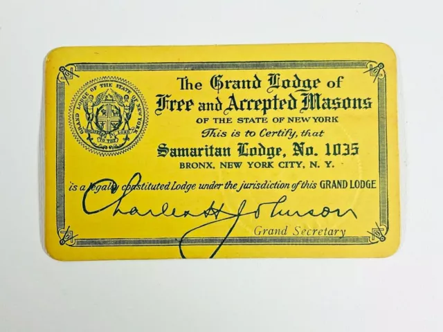 FREE MASON MEMBERSHIP CARD 1936 NY F.&A.M. Samaritan Lodge, No.1035