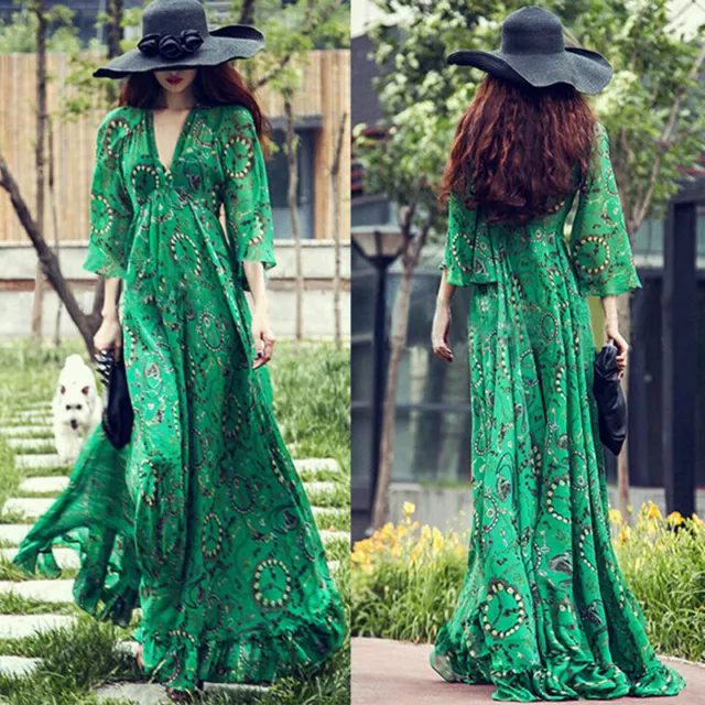 Women Boho Dress Long Evening Party Vintage Summer Beach Maxi Casual Sundress