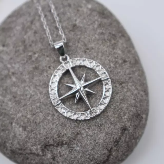 Compass North Star Necklace Pendant Sterling Silver Gold Plated Mens or Womens