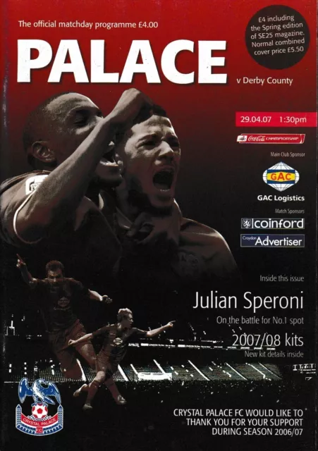 Crystal Palace v Derby County programme, Championship, April 2007