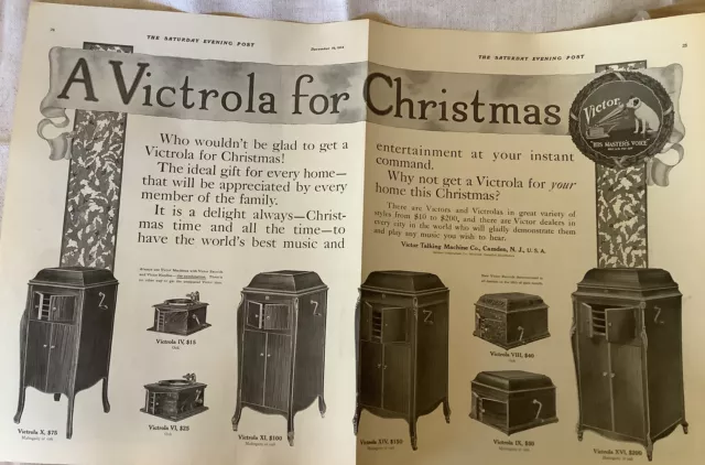 Vintage Magazine Print Ad Victrola For Christmas Double Page Sat Eve Post 1914