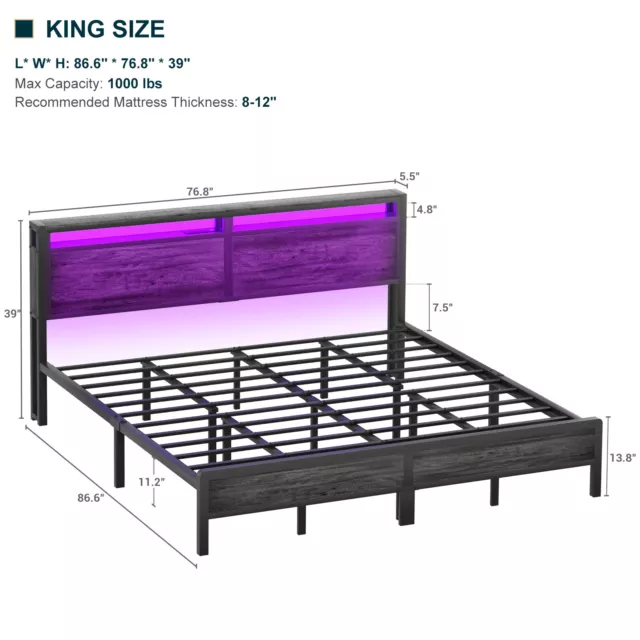 King/Queen/Full Size LED Bed Frame with Storage Headboard Upholstered Platform