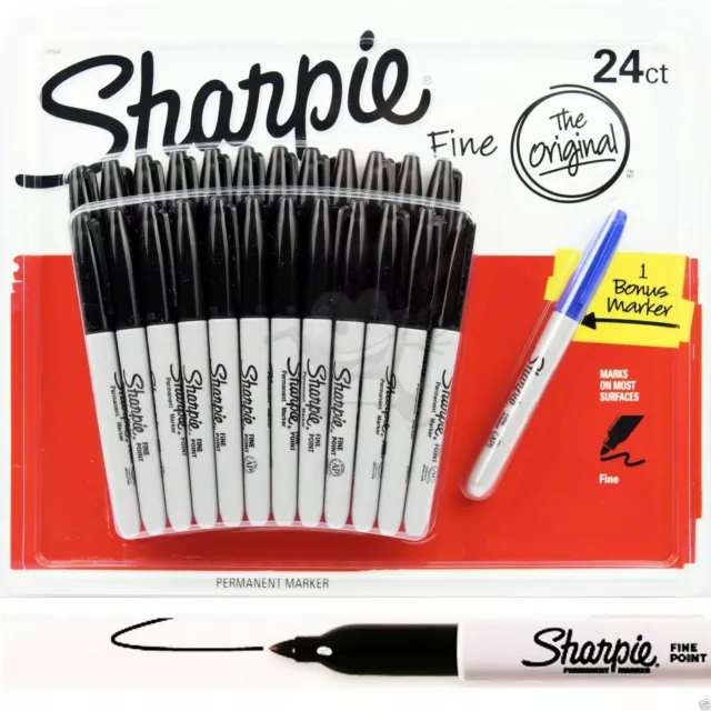 New 24 SHARPIE Black Permanent Marker Pen Sharpies Bulk Texta Fine Point Set