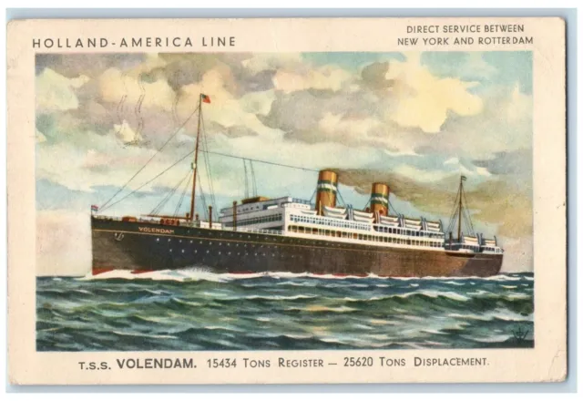 1938 Holland America Line TSS Volendam Tons Steamship Steamer Vintage Postcard