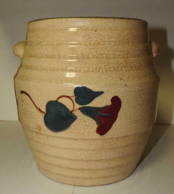 CRAZY CRAZING! Antique Red Wing Handled Crock Cookie Jar: Morning Glory: No Lid