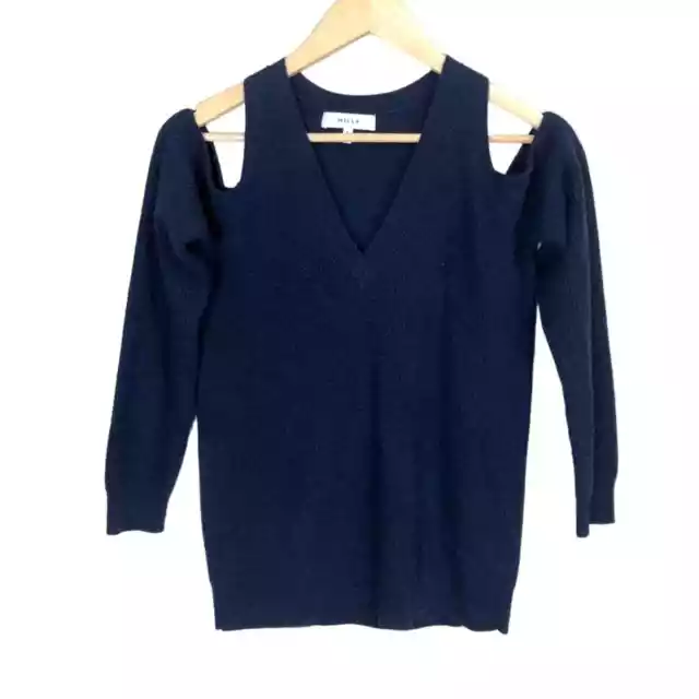 Milly 100% Cashmere V-Neck Cold Shoulder Ribbed Knit Sweater Size XS