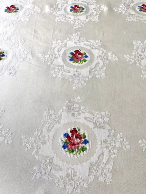 Hand Embroidered Cross Stitch Off White Damask Tablecloth Roses 72"x 63 Vintage 3