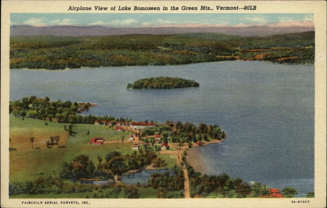 Lake Bomoseen airplane aerial view ~ Green Mountains Vermont VT ~ 1940s postcard