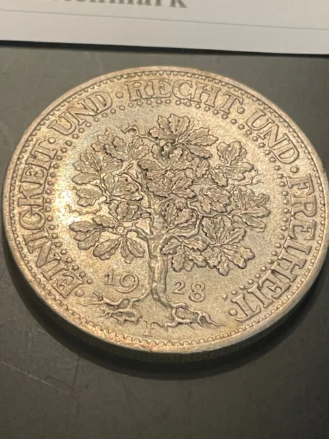 1928 5 Mark Germany Weimar Funf Reichsmark Tree Silver World Coin