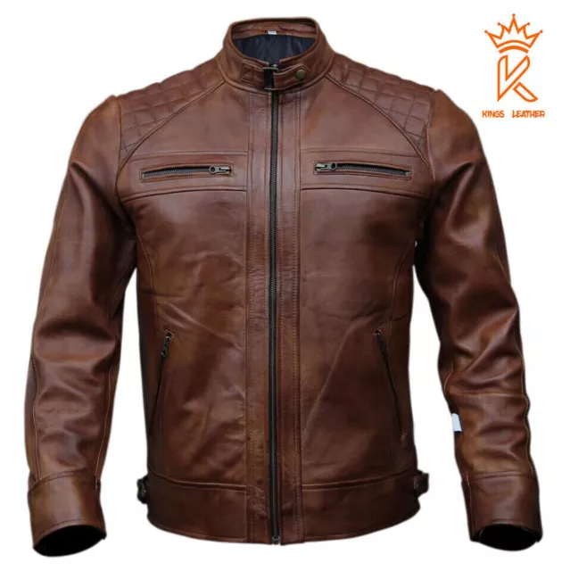 Schwarz/Braun Echtleder Motorradjacke Reißverschlusstaschen Bike Racer Jacke