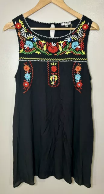 JODIFL Shift Dress Women's Medium Black Flower Embroidered Sleeveless Boho NWT