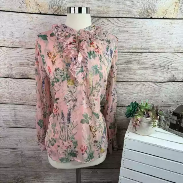 Ellen Weaver Ruffle Floral Pink Long Sleeve Blouse Top Size Large