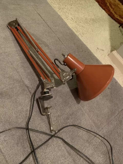 VTG MID CENTURY ARTICULATING DRAFTING TABLE LAMP BURNT ORANGE  Clamp On