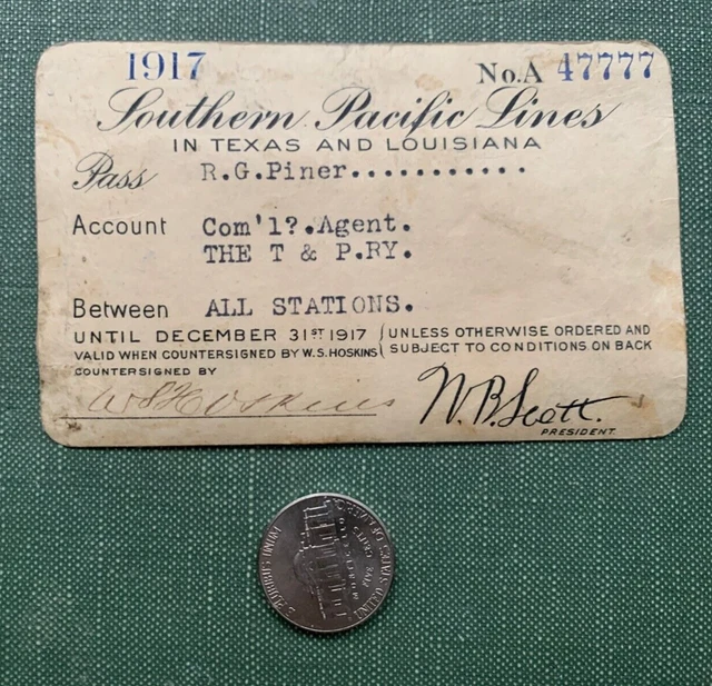 1917 Southern Pacific Lines Texas Louisiana Railroad Pass ! Tx Pacific Railway !
