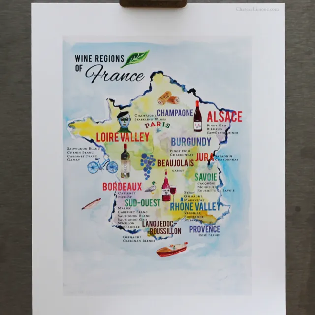 French Wine Map, Map of the Wine Regions of France, 8 1/2 x 11