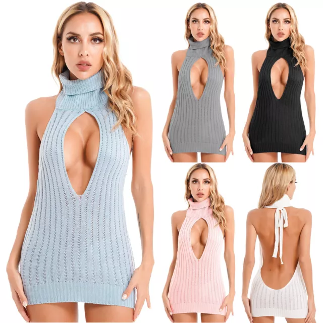 US Womens Sexy Ribbed Knitted Dress Turtleneck Backless Sweater Dress Clubwears