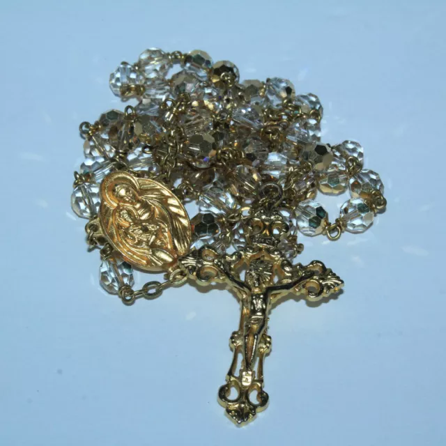 GORGEOUS Rosary Gold Clear Glass Beads w/ Gold Tone Crucifix ITALY Lady of Snows