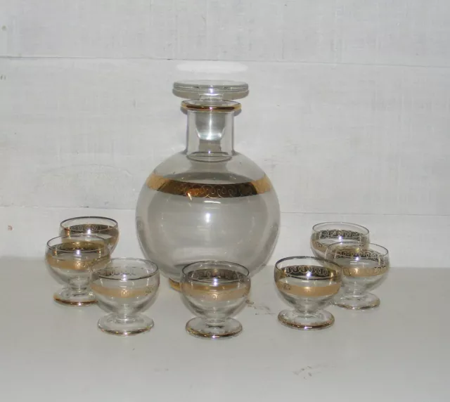 Ancienne Carafe Boule Bouchon Plat Frise Or+7 Verres Cristal?Service Liqueur