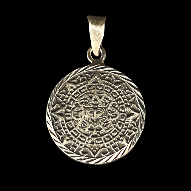 925 Sterling Silver Aztec Calendar Mayan Calander Pendant Handmade Taxco Mexico