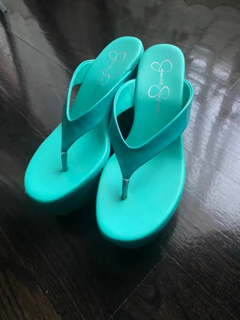 Jessica Simpson STAYGE Teal Platform Sandals Wedge Flip Flops Shoes 7