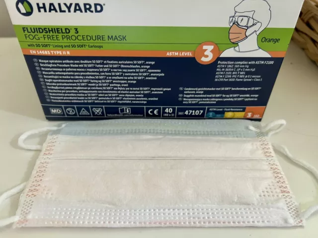 Halyard ASTM 47107 FluidShield Level 3 Orange Medical Grade Face Masks 400 Count