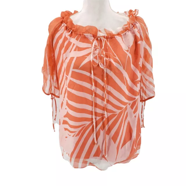 Milly Of New York Silk Orange Print Tie Neck Ruffle Blouse Palm Print Size 4