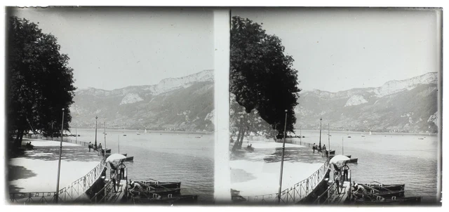 France Lac c1950 Photo Stereo Amateur Plaque de verre Vintage V36L25n