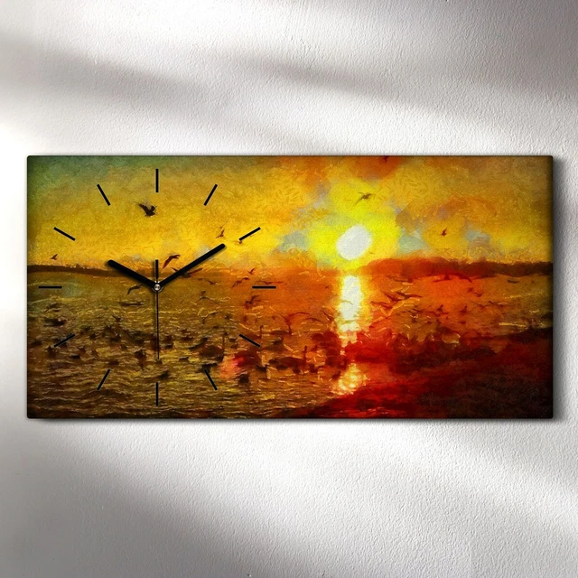 Horloge Murale Sur Toile Coloray 60x30cm - Coucher De Soleil Côtier - Neuf