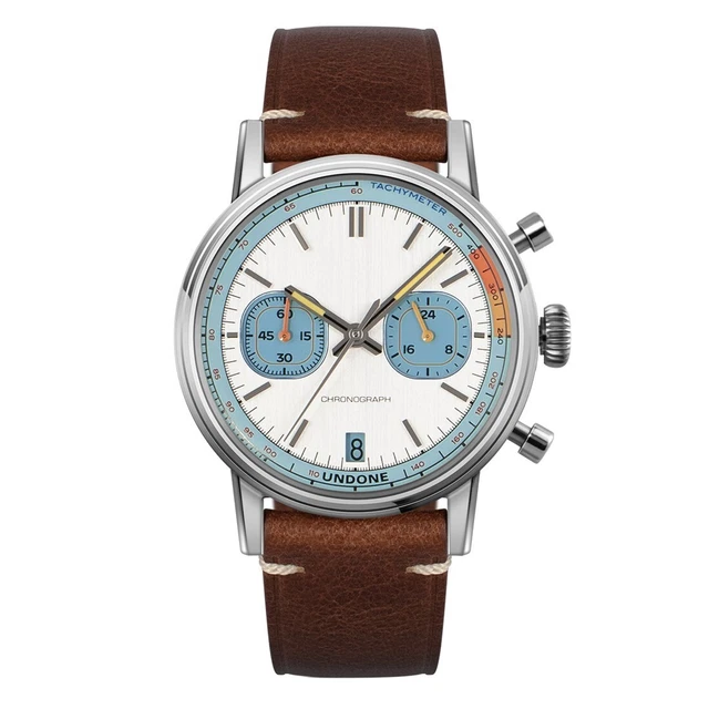 Montre Bracelet WMT CHRONO CLUB - Quartz, Acier Inoxydable, Cadran Blanc, Cuir Marron, Neuf Avec étiquettes