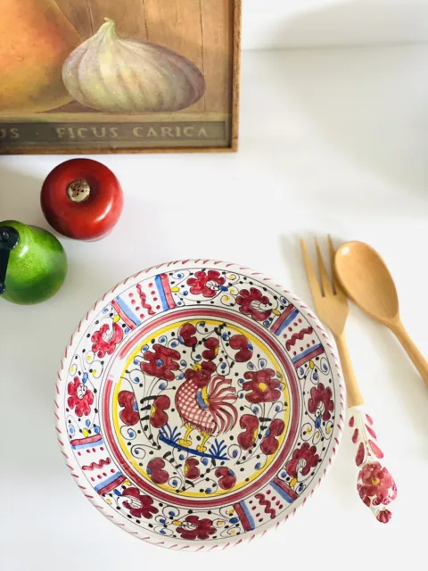 Vtg Majolica Italian DIPINTO A Mano Art Pottery Rooster Salad Bowl w Fork Spoon