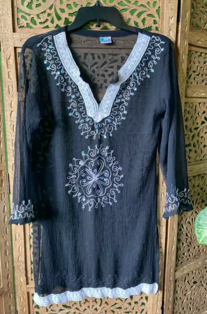 Embroidered Sequin Sheer Tunic Swim Cover Up Women Size M