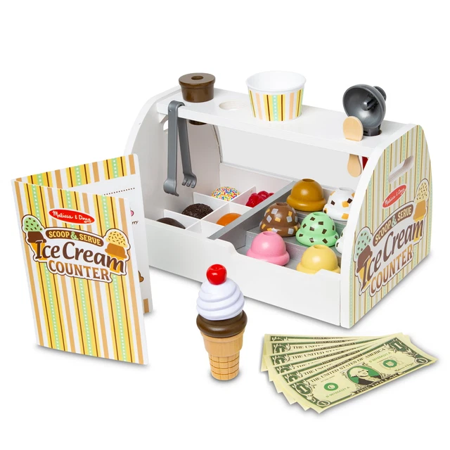 Wooden Scoop and Serve Ice Cream Counter (28 pcs) - Play Food and Accessories
