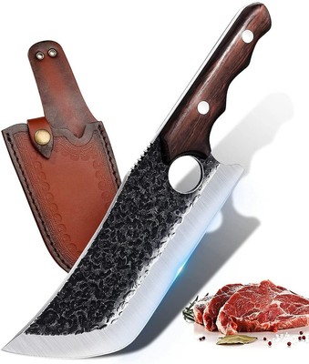 Coltello da disosso con rivestimento in pelle Mannaia forgiata a mano Coltello da cuoco in acciaio al carbonio Coltello da esterno per grill da cucina con confezione regalo 