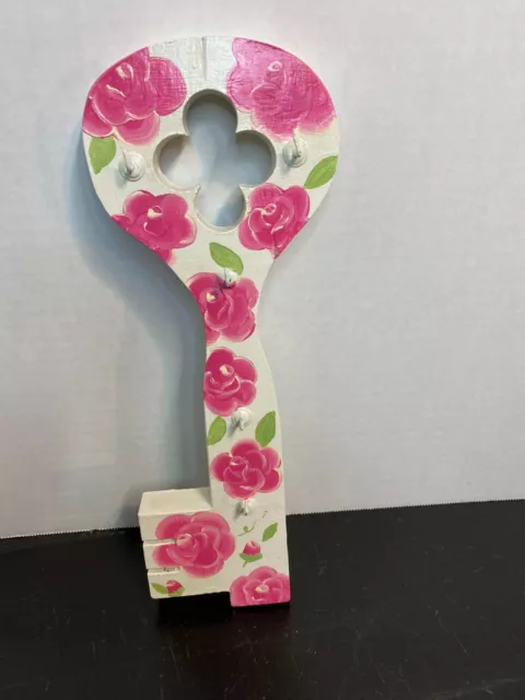 Vintage Wooden key holder Key shaped Shabby Chic Roses Wall Mount Hand Painted