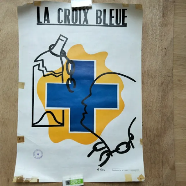 Affiche Ancienne La Croix Bleue/ Tampon / Signée / Contre L'Alcoolisme/ 60s