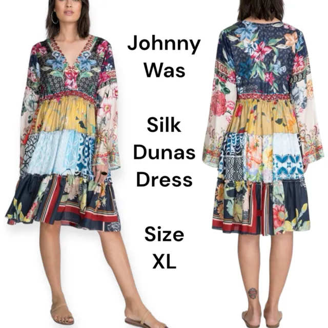 Johnny Was multicolor boho floral print patchwork silk dunas dress size XL