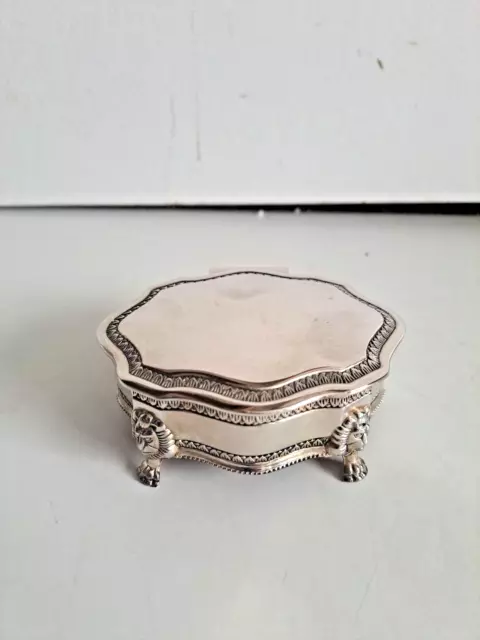 Vintage Silver Plated Ornate Oval Trinket Box Red Velvet Lining